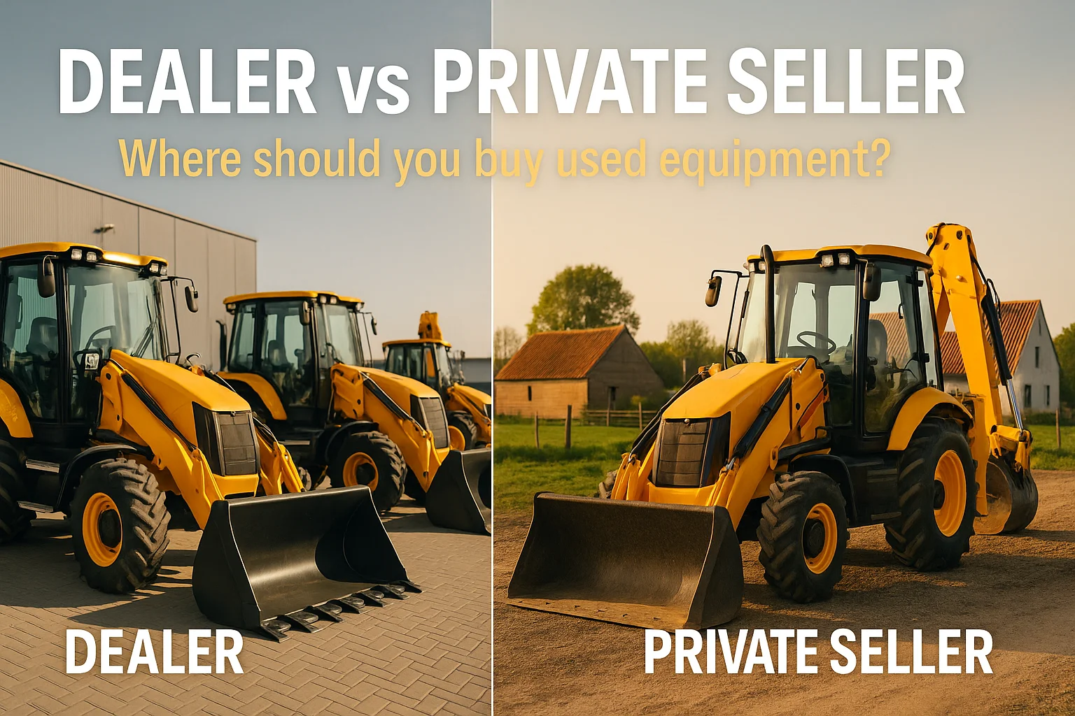 Dealer vs private seller — where to buy used equipment, dealer yard beside a private farm sale
