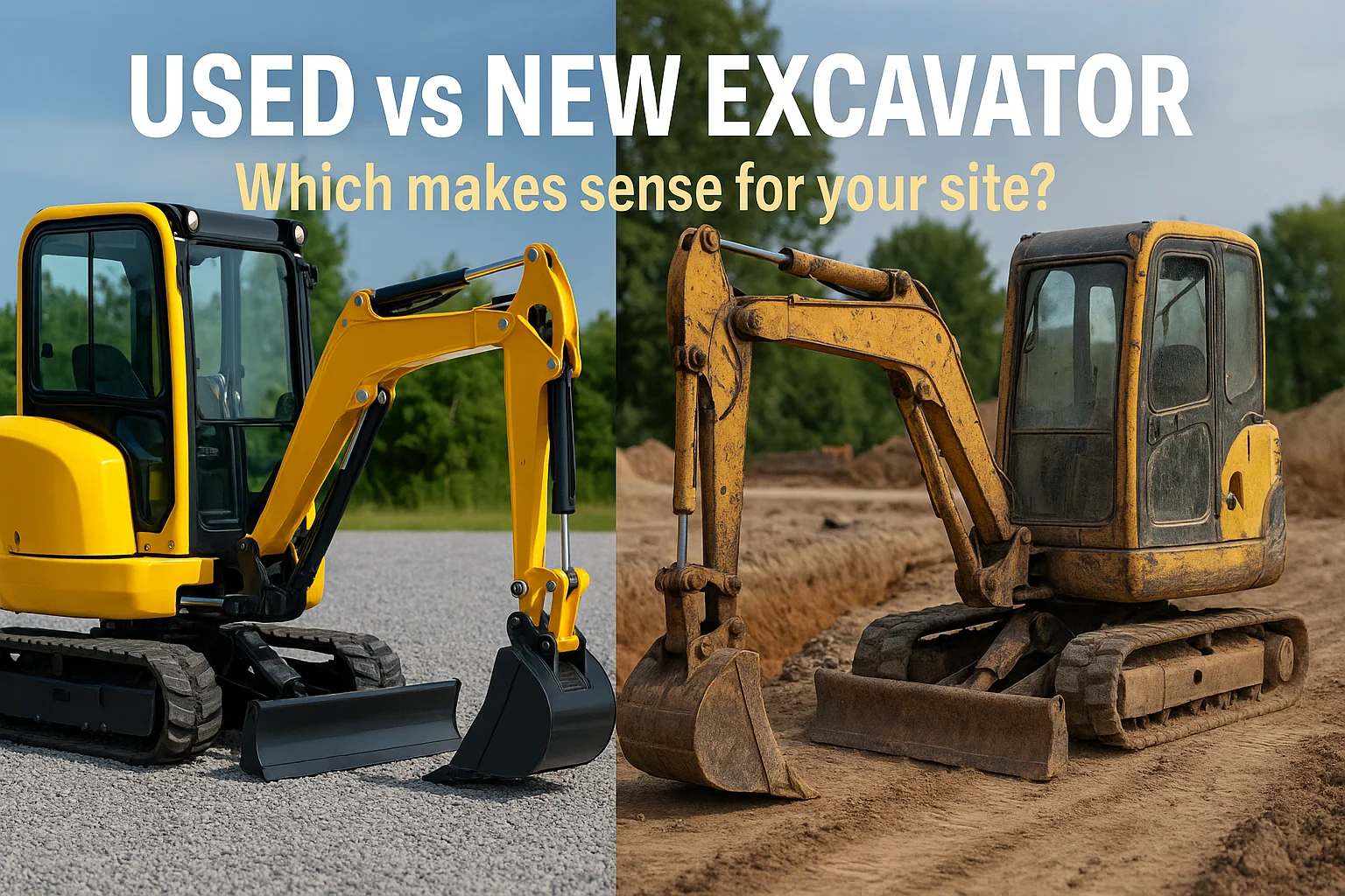 Used vs new excavator comparison — clean new mini excavator beside an older used machine