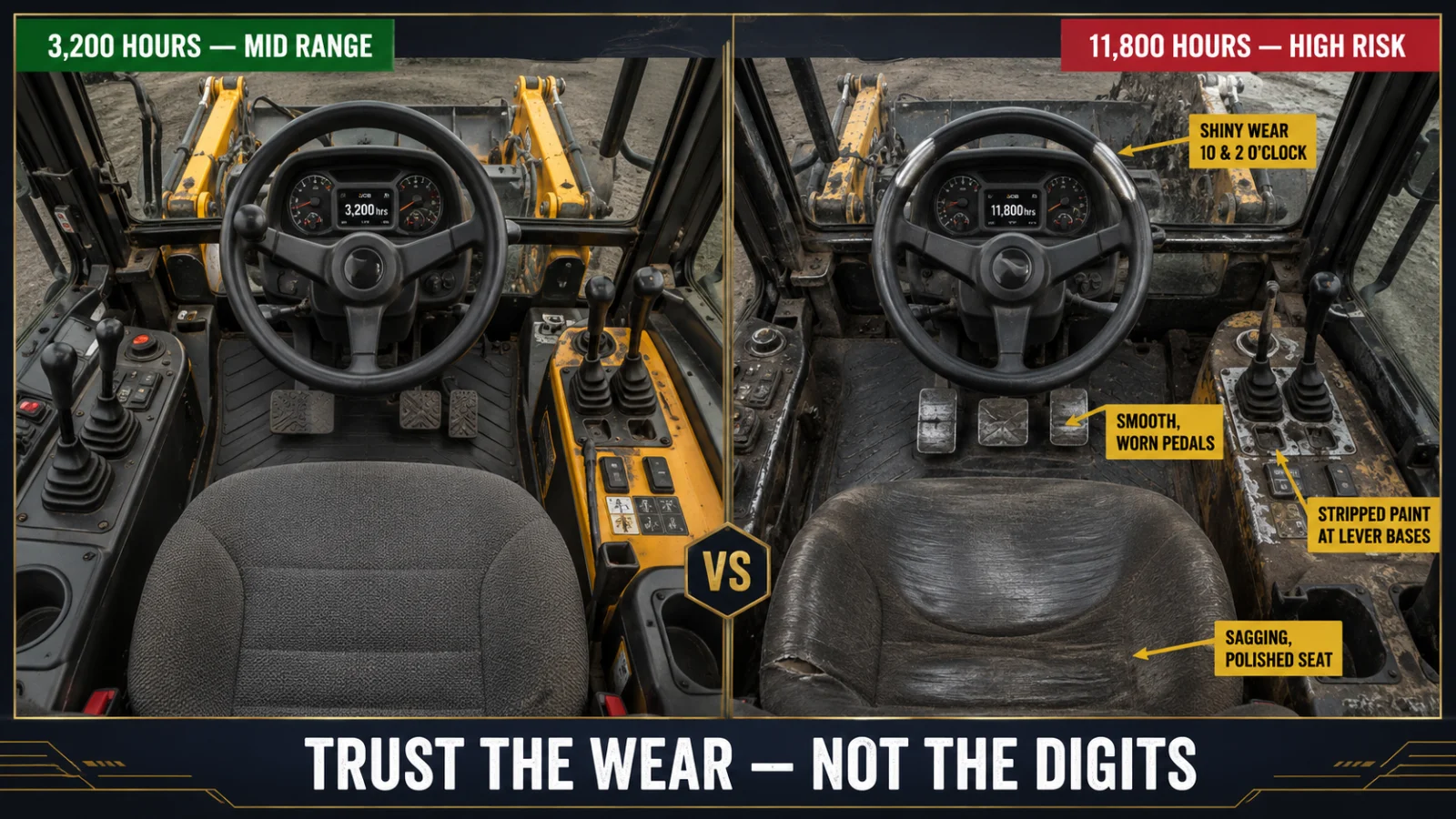Side-by-side cab comparison — 3,200 hours mid-range vs 11,800 hours high-risk TLB. Trust the wear, not the digits.