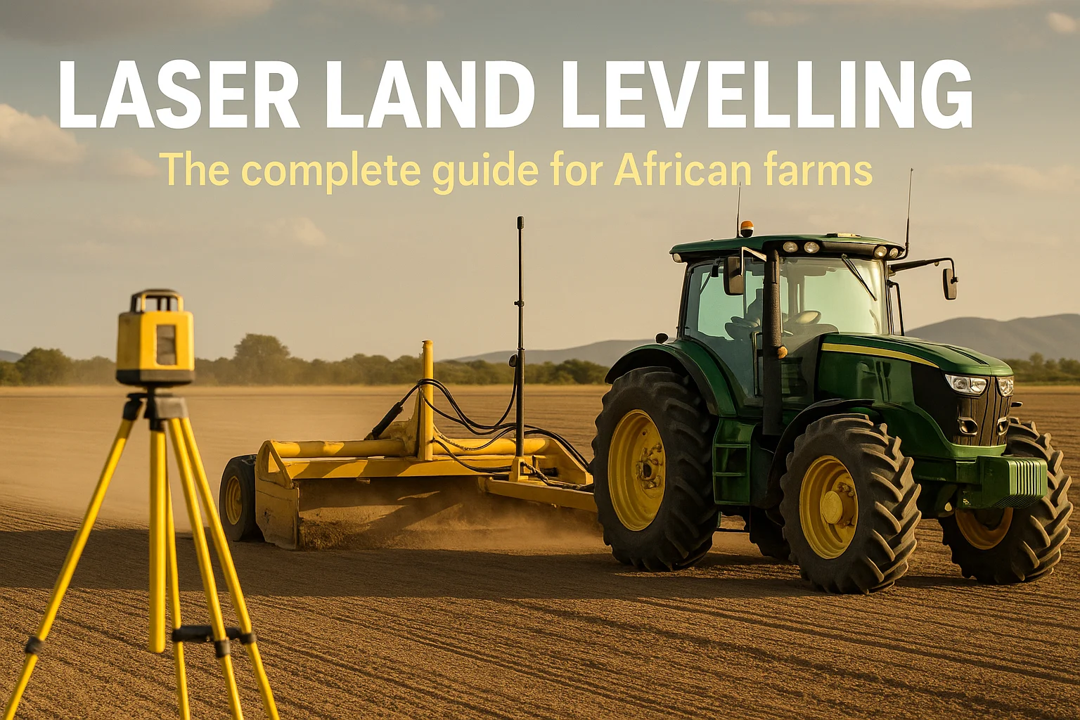 Laser land levelling guide — tractor and laser scraper levelling an African field