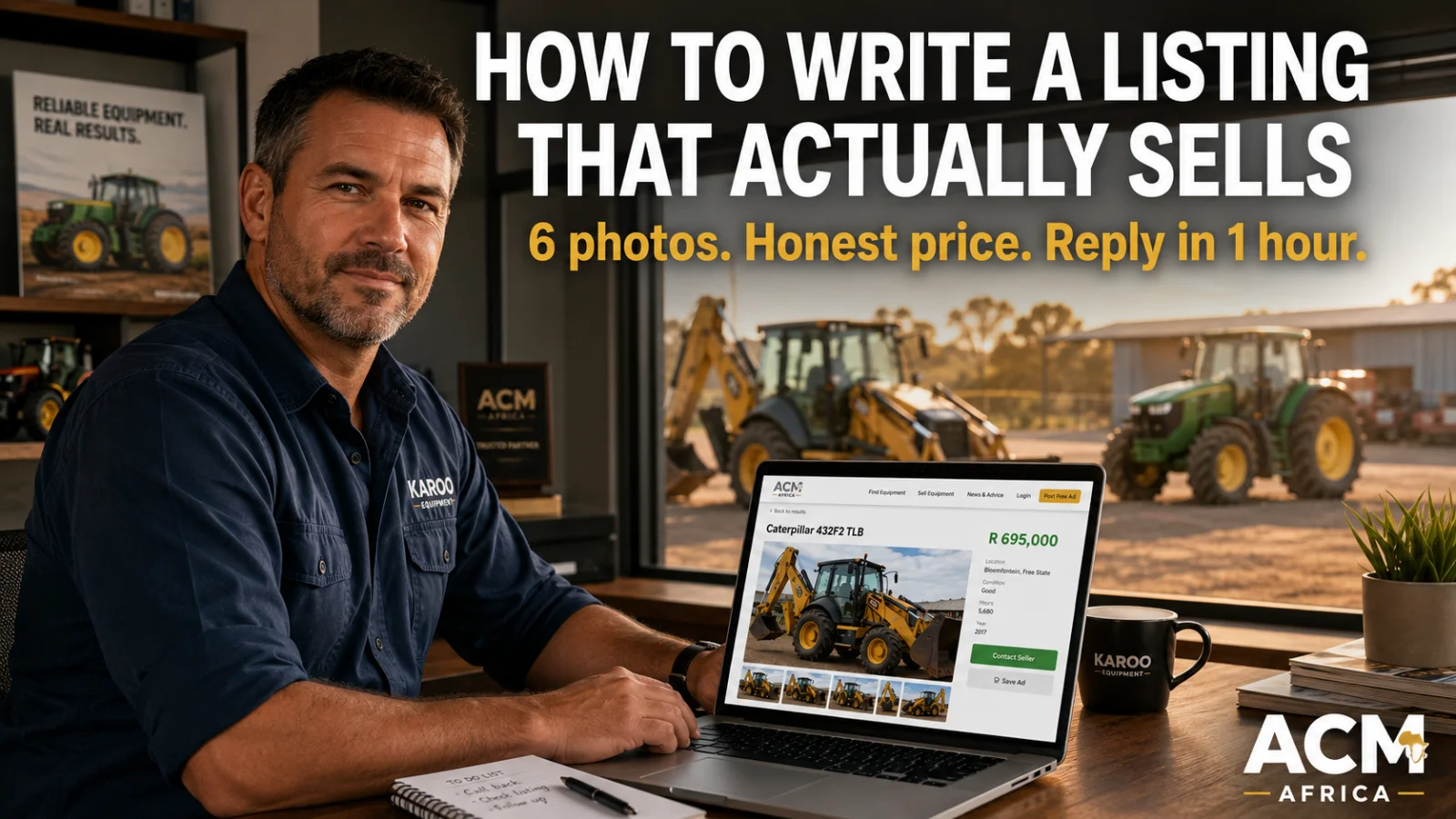 How to write a listing that actually sells — equipment dealer at his desk reviewing a marketplace listing on his laptop