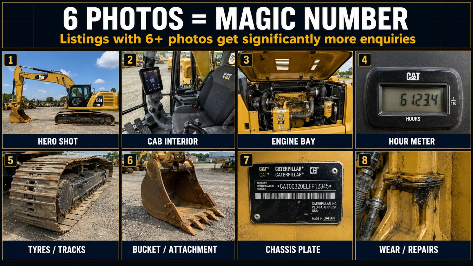 The 8 essential photos for an equipment listing — hero shot, cab interior, engine bay, hour meter, tyres, bucket, chassis plate, wear