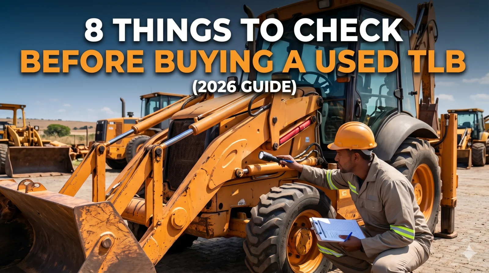 8 things to check before buying a used TLB — South African inspector with clipboard examining backhoe loader
