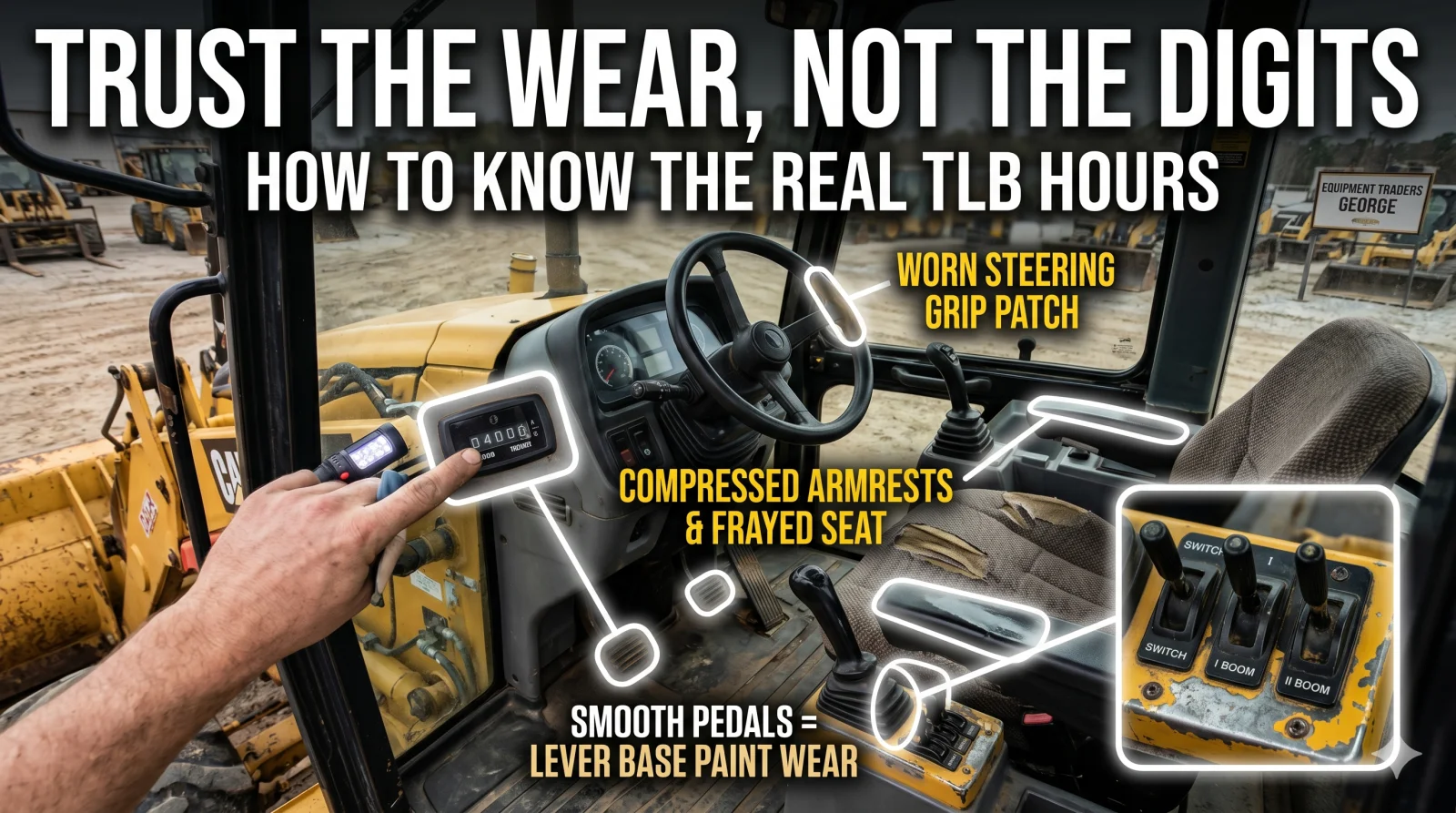 Trust the wear, not the digits — worn pedals, compressed armrests and steering grip wear on a high-hours TLB