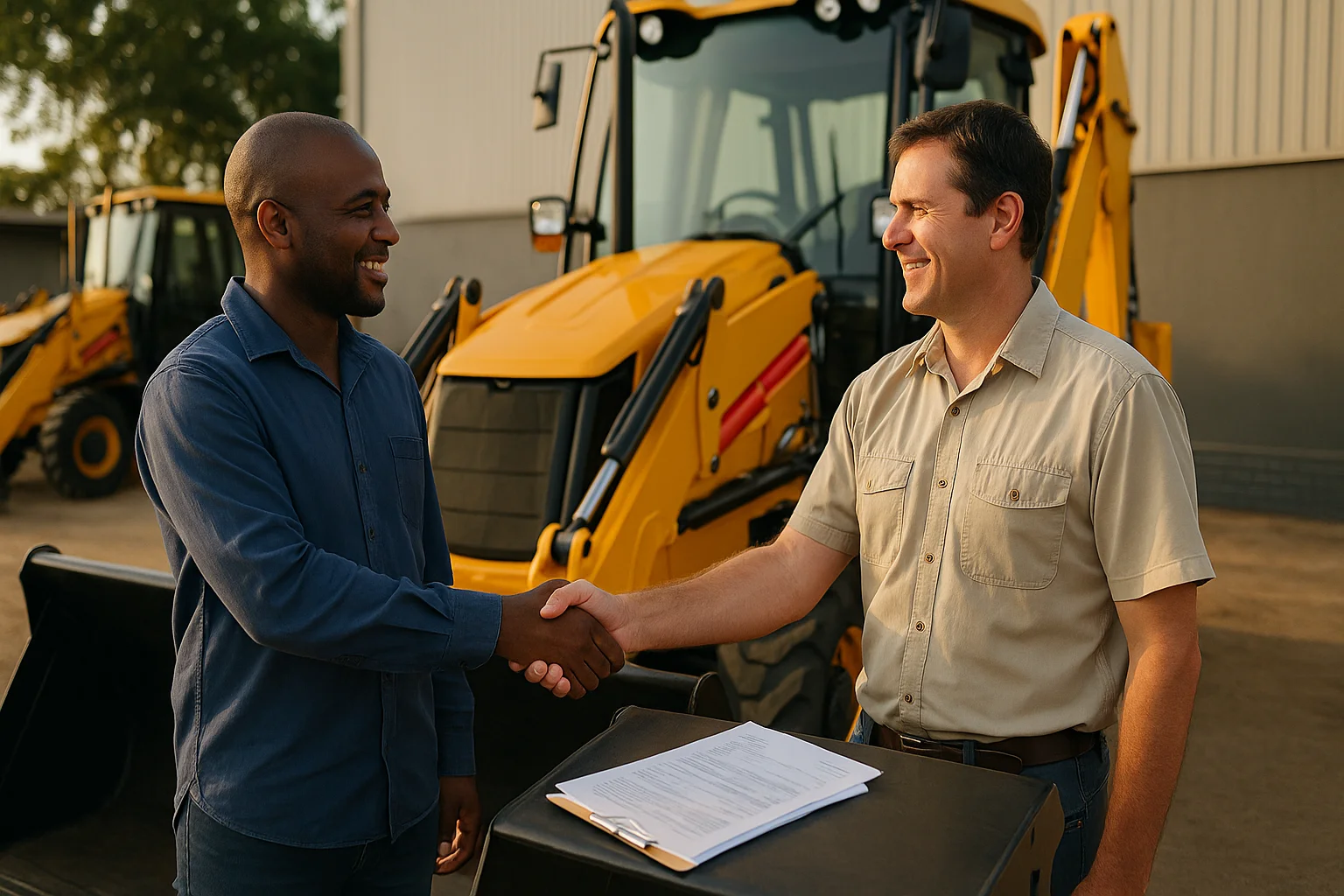 Contractor and equipment dealer shaking hands beside a new TLB with finance paperwork on the bucket