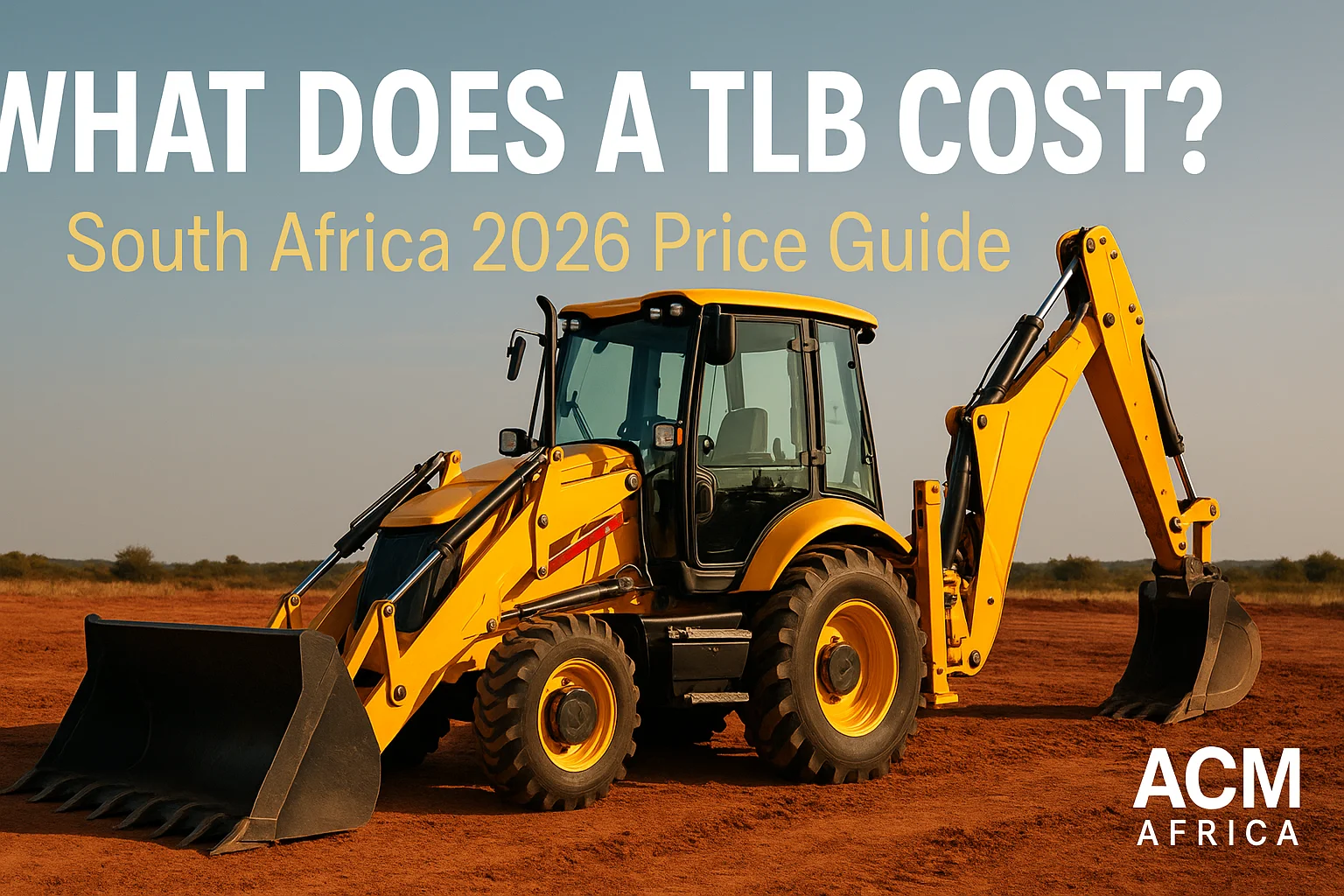What does a TLB cost in South Africa — yellow backhoe loader with 2026 price guide banner